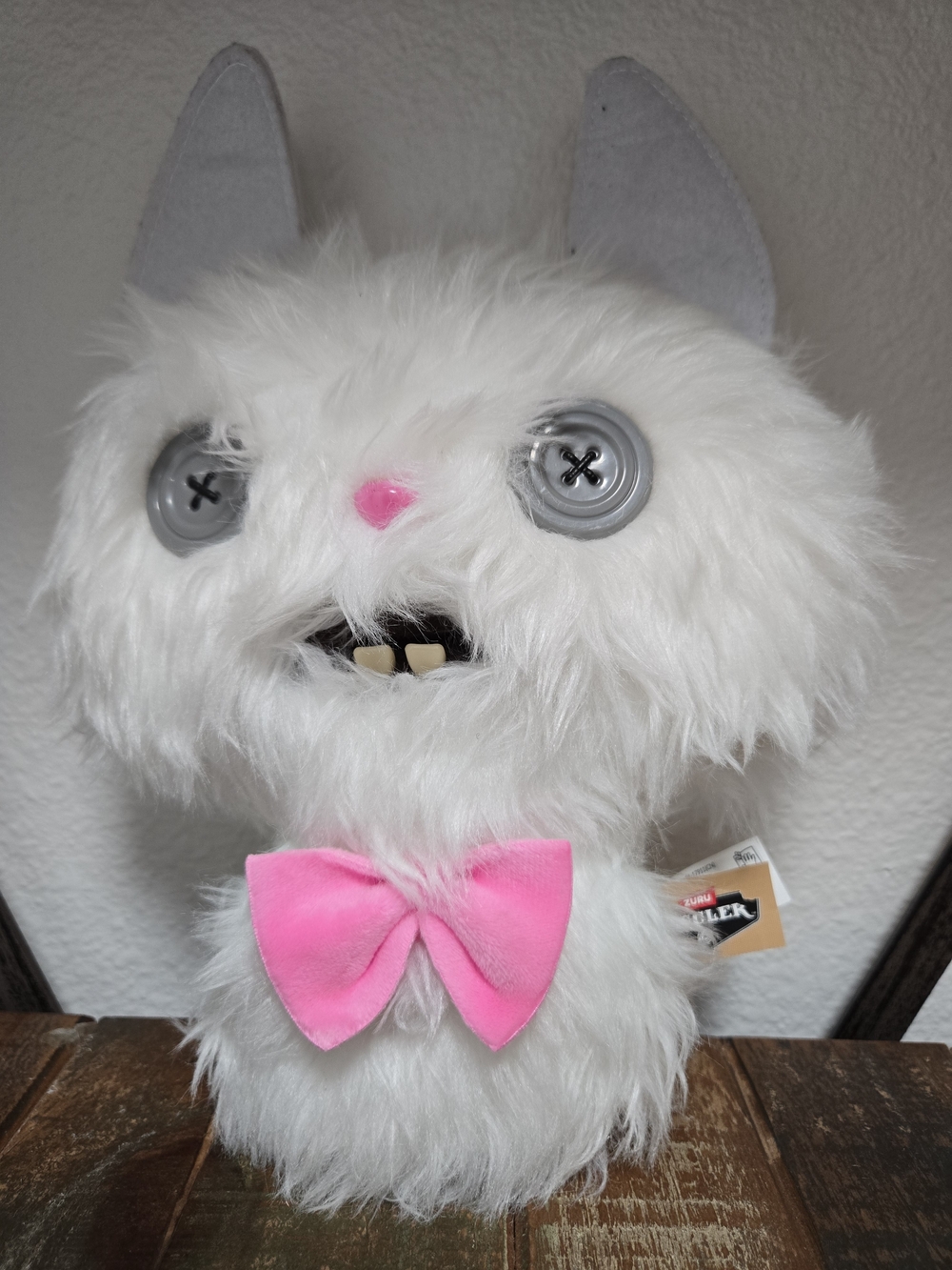 White Furry Bunny Plush with Pink Bow Tie